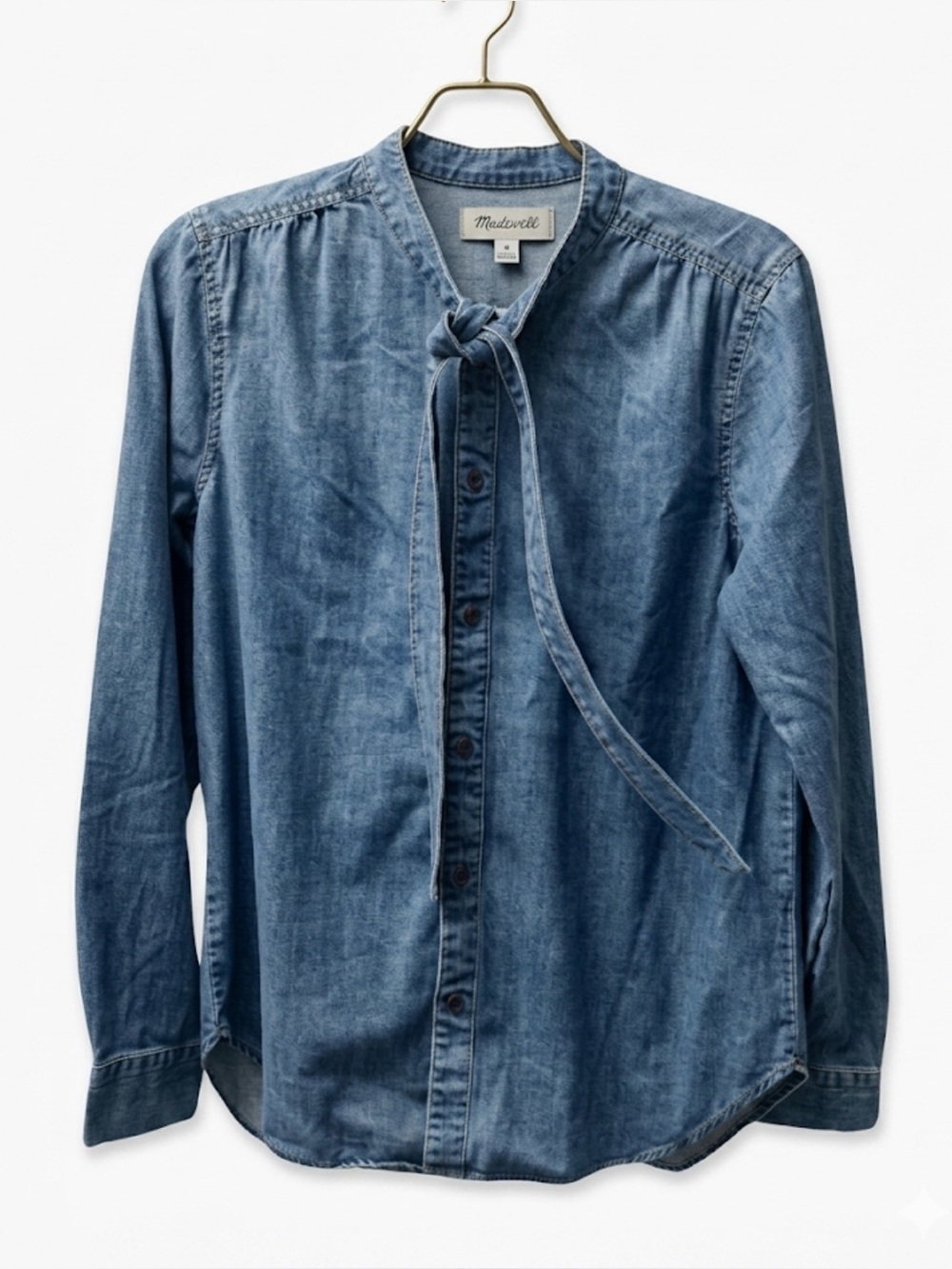 Madewell Bellvale Wash Denim Band Collar Tie Neck Shirt Blouse Small EUC F9392